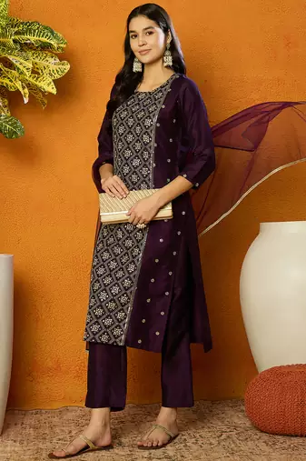 women purple silk blend ethnic motifs embroidered straight kurta trouser with dupatta