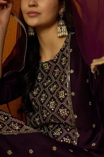 women purple silk blend ethnic motifs embroidered straight kurta trouser with dupatta