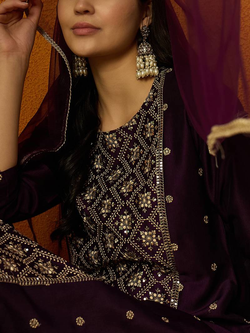 women purple silk blend ethnic motifs embroidered straight kurta trouser with dupatta