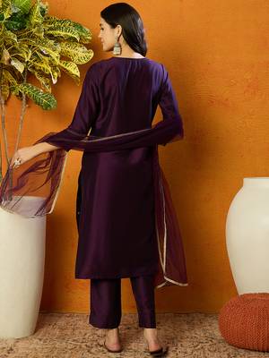 women purple silk blend ethnic motifs embroidered straight kurta trouser with dupatta 1