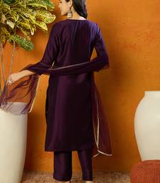 women purple silk blend ethnic motifs embroidered straight kurta trouser with dupatta