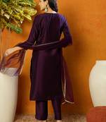 women purple silk blend ethnic motifs embroidered straight kurta trouser with dupatta