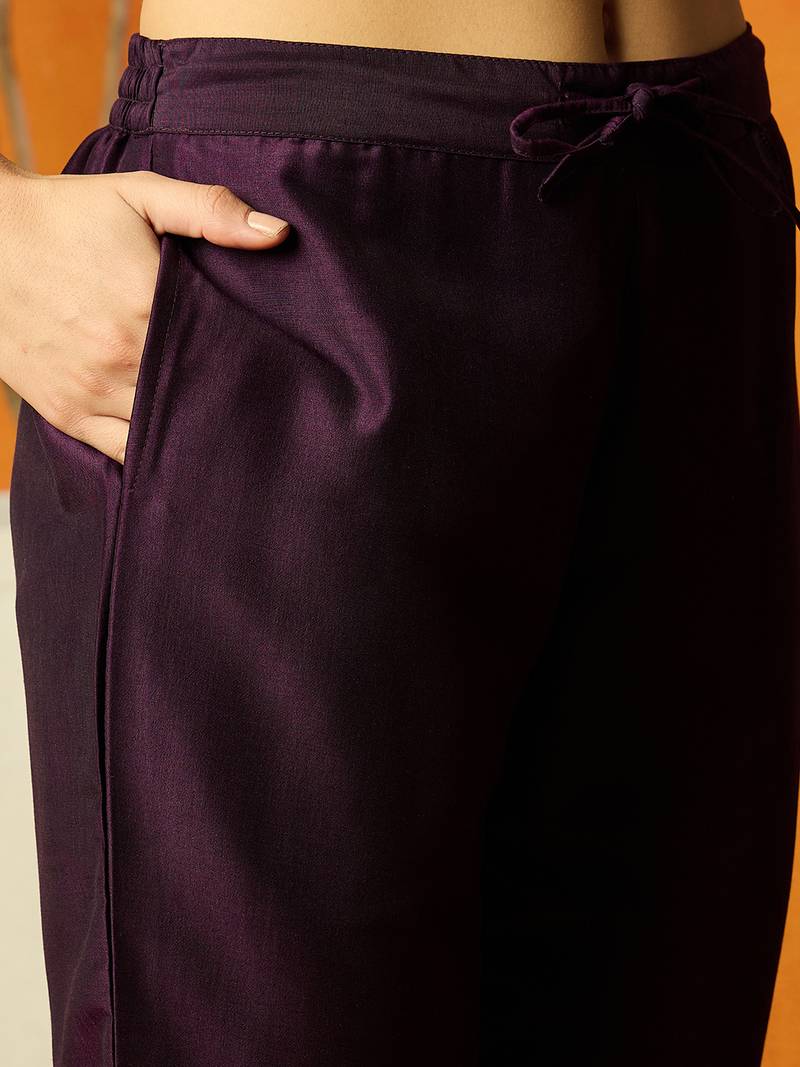 women purple silk blend ethnic motifs embroidered straight kurta trouser with dupatta