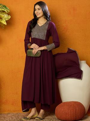 women burgundy georgette solid embroidered anarkali kurta trouser with dupatta 1
