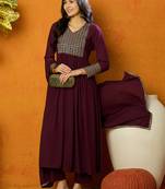 women burgundy georgette solid embroidered anarkali kurta trouser with dupatta