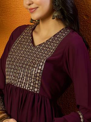 women burgundy georgette solid embroidered anarkali kurta trouser with dupatta 2