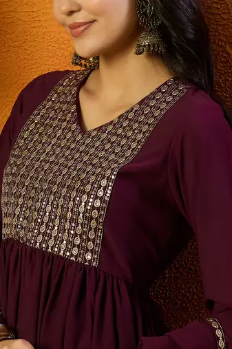 women burgundy georgette solid embroidered anarkali kurta trouser with dupatta