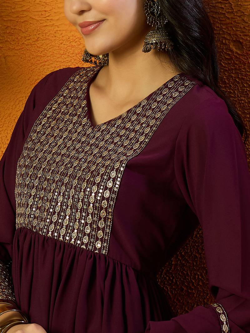 women burgundy georgette solid embroidered anarkali kurta trouser with dupatta