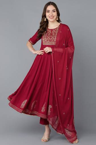 Women red embroidered pure cotton  stiched anarkali kurta trousers suit set