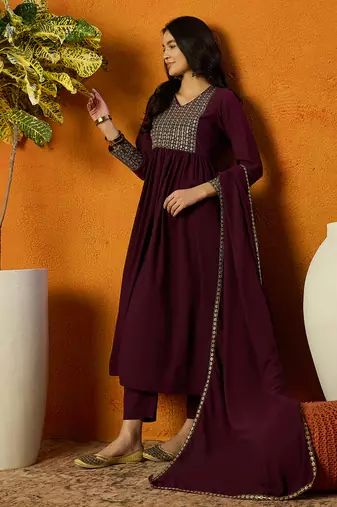 women burgundy georgette solid embroidered anarkali kurta trouser with dupatta