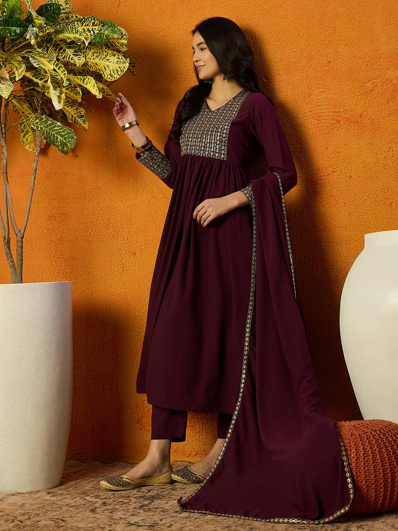 women burgundy georgette solid embroidered anarkali kurta trouser with dupatta