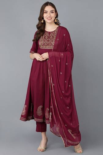 Women purple printed pure cotton  stiched anarkali kurta trousers suit set