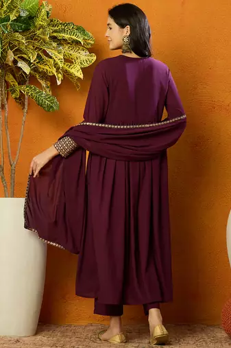 women burgundy georgette solid embroidered anarkali kurta trouser with dupatta