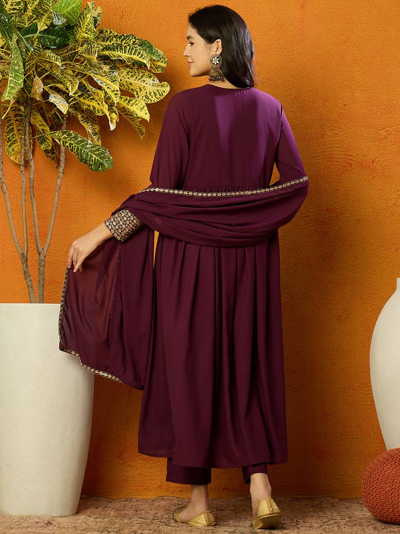 women burgundy georgette solid embroidered anarkali kurta trouser with dupatta
