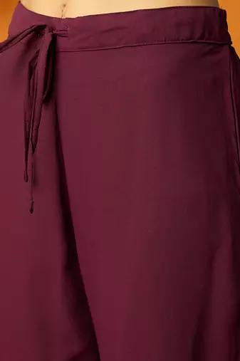 women burgundy georgette solid embroidered anarkali kurta trouser with dupatta