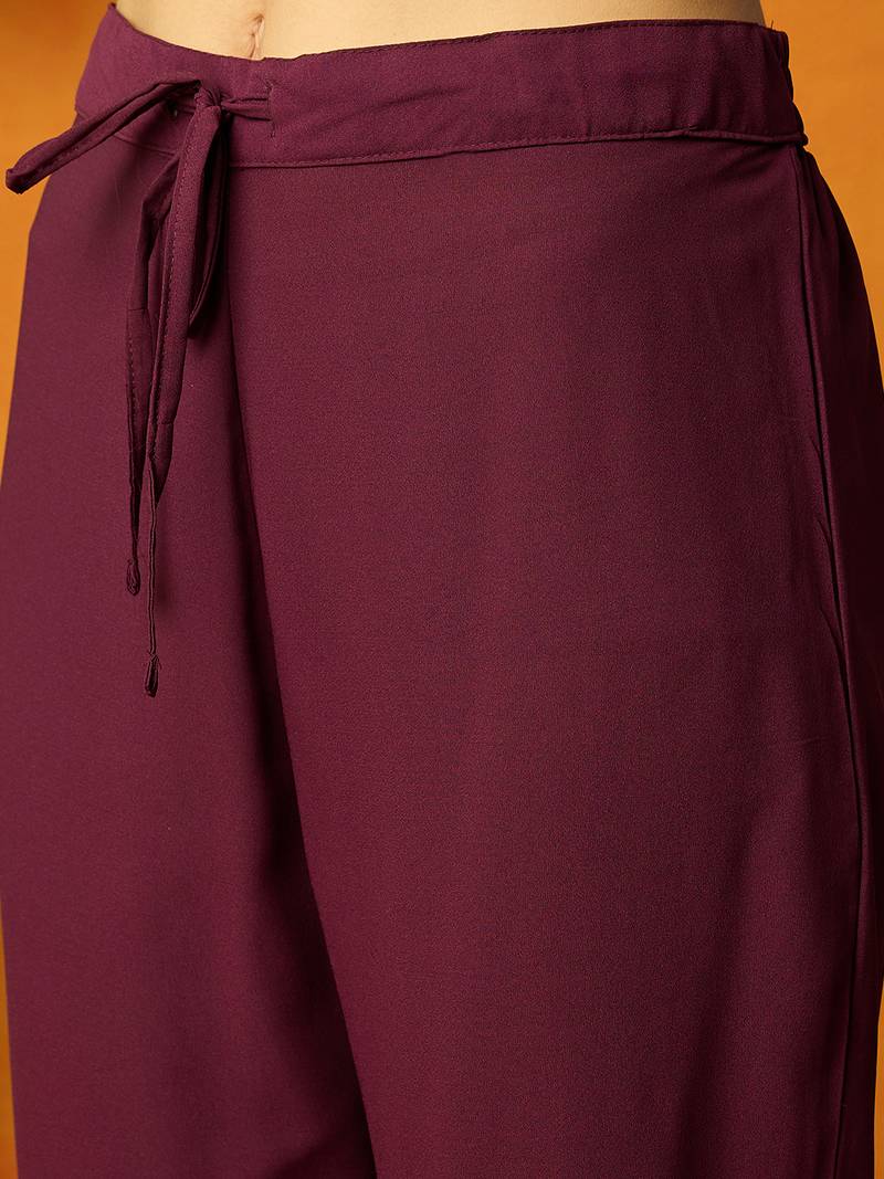 women burgundy georgette solid embroidered anarkali kurta trouser with dupatta