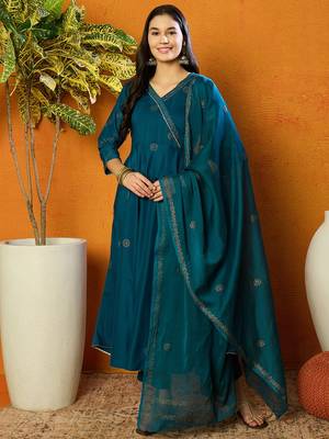 women teal silk blend solid woven design anarkali kurta trouser with dupatta 1