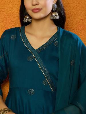 women teal silk blend solid woven design anarkali kurta trouser with dupatta 2
