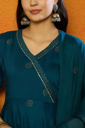 women teal silk blend solid woven design anarkali kurta trouser with dupatta
