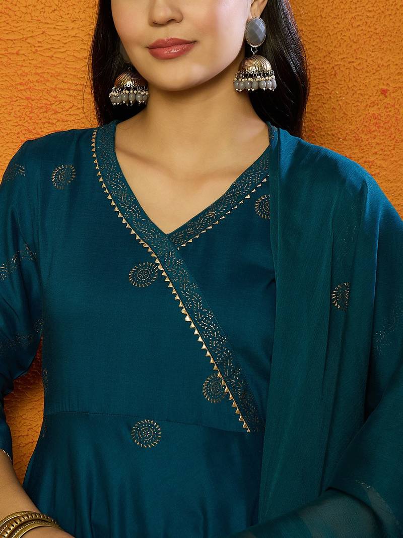 women teal silk blend solid woven design anarkali kurta trouser with dupatta