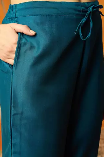 women teal silk blend solid woven design anarkali kurta trouser with dupatta