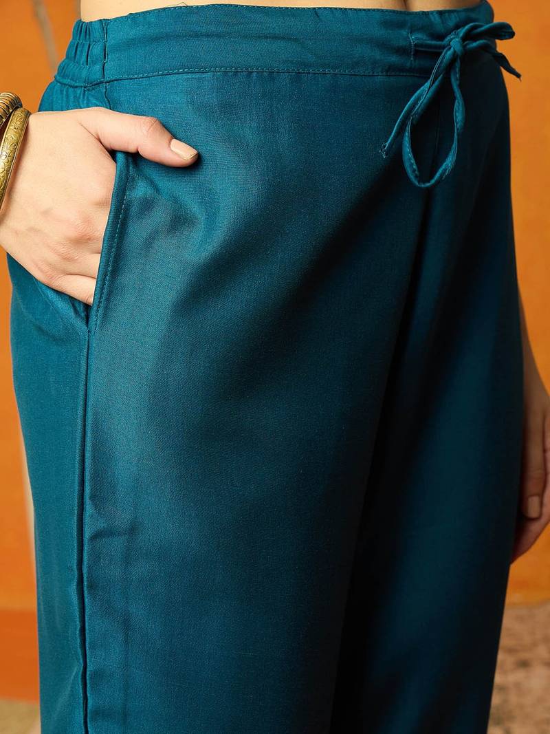 women teal silk blend solid woven design anarkali kurta trouser with dupatta