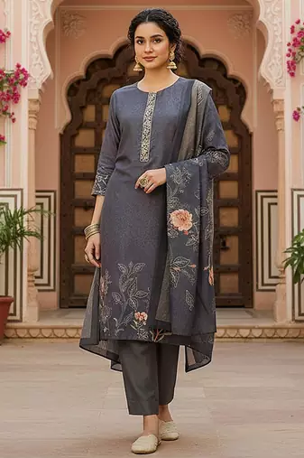 women grey silk blend floral printed straight kurta trouser with dupatta