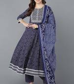 Women blue printed rayon stiched anarkali kurta trousers suit set