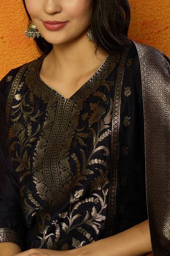 women navy blue poly chanderi ethnic motifs woven design straight kurta trouser with dupatta