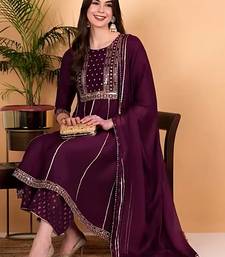 Purple silk blend solid embroidered anarkali kurta palazzo with dupatta