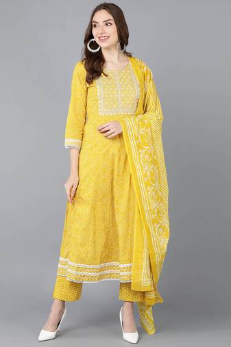 Women yellow embroidered rayon stiched straight kurta trousers suit set