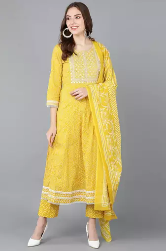 Women yellow embroidered rayon stiched straight kurta trousers suit set
