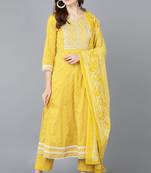 Women yellow embroidered rayon stiched straight kurta trousers suit set
