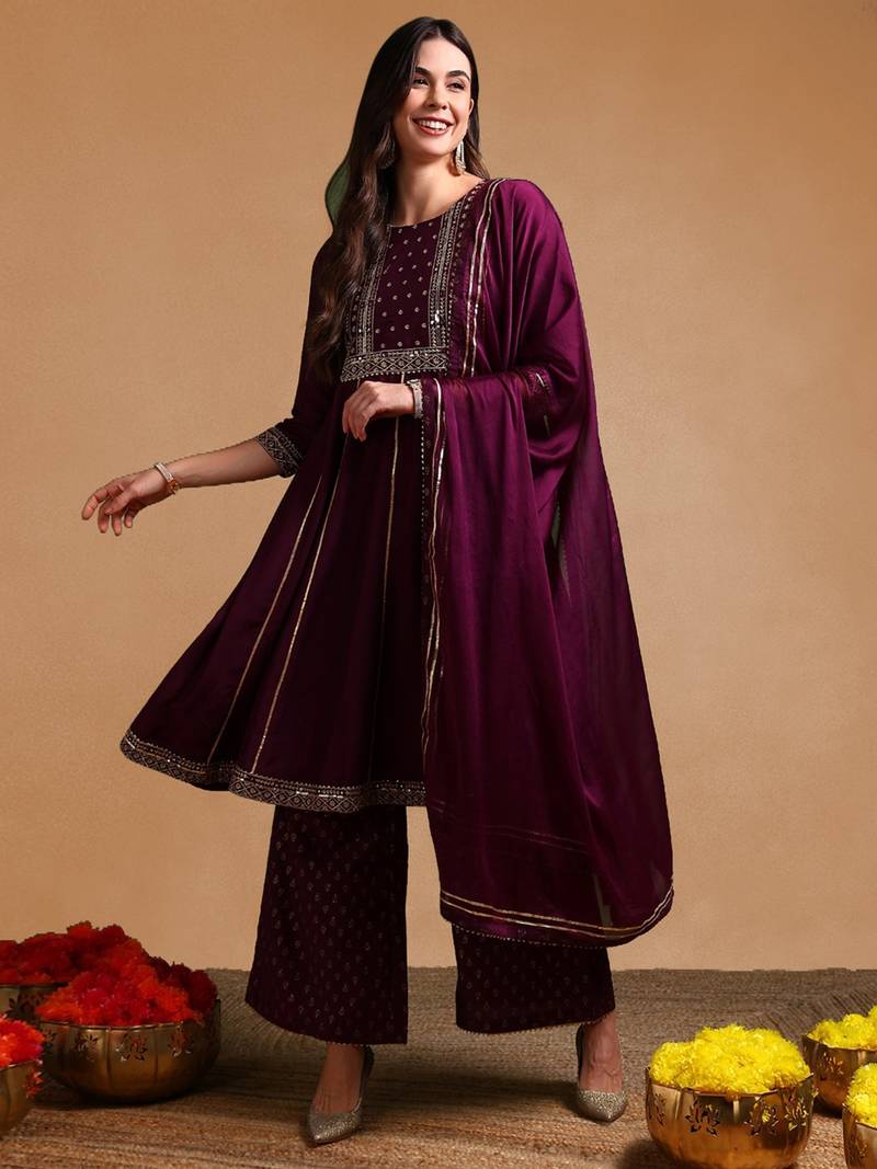 Purple silk blend solid embroidered anarkali kurta palazzo with dupatta