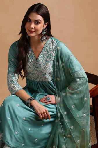 women sea green silk blend solid embroidered anarkali kurta palazzo with dupatta