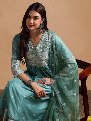 women sea green silk blend solid embroidered anarkali kurta palazzo with dupatta 1