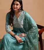 women sea green silk blend solid embroidered anarkali kurta palazzo with dupatta