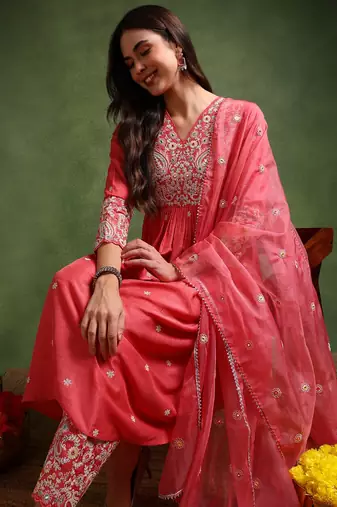 pink silk blend solid embroidered anarkali kurta palazzo with dupatta