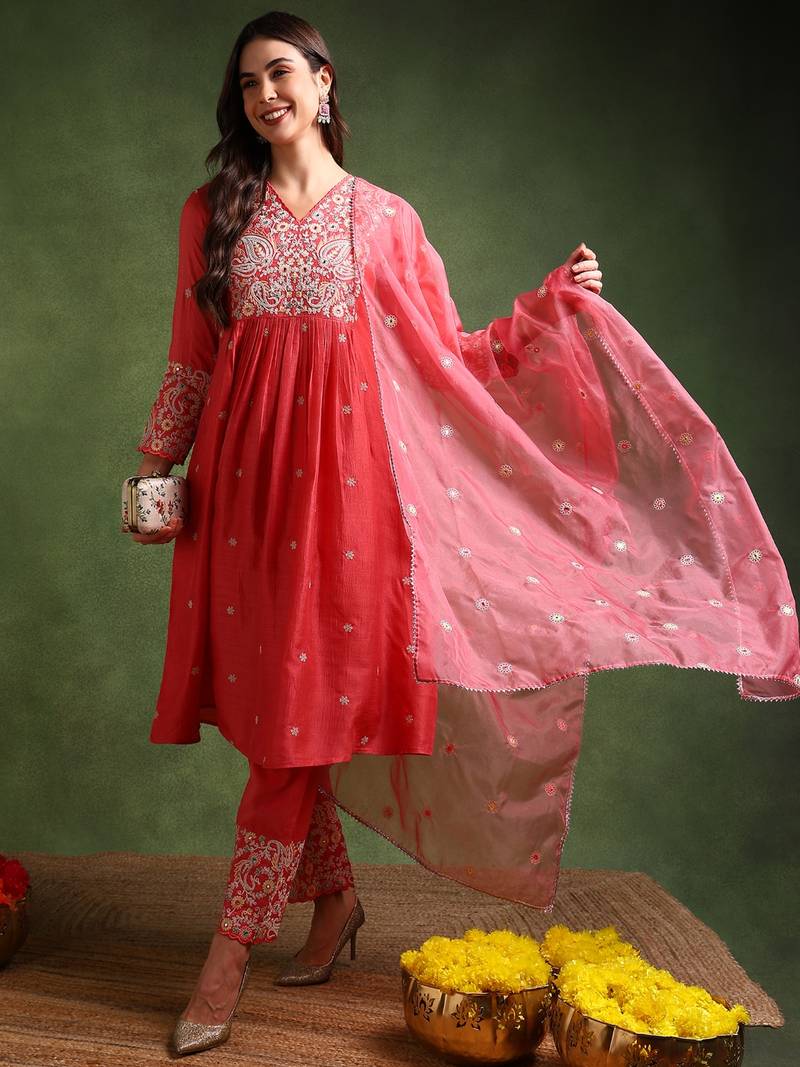 pink silk blend solid embroidered anarkali kurta palazzo with dupatta