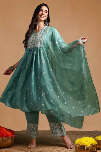 women sea green silk blend solid embroidered anarkali kurta palazzo with dupatta
