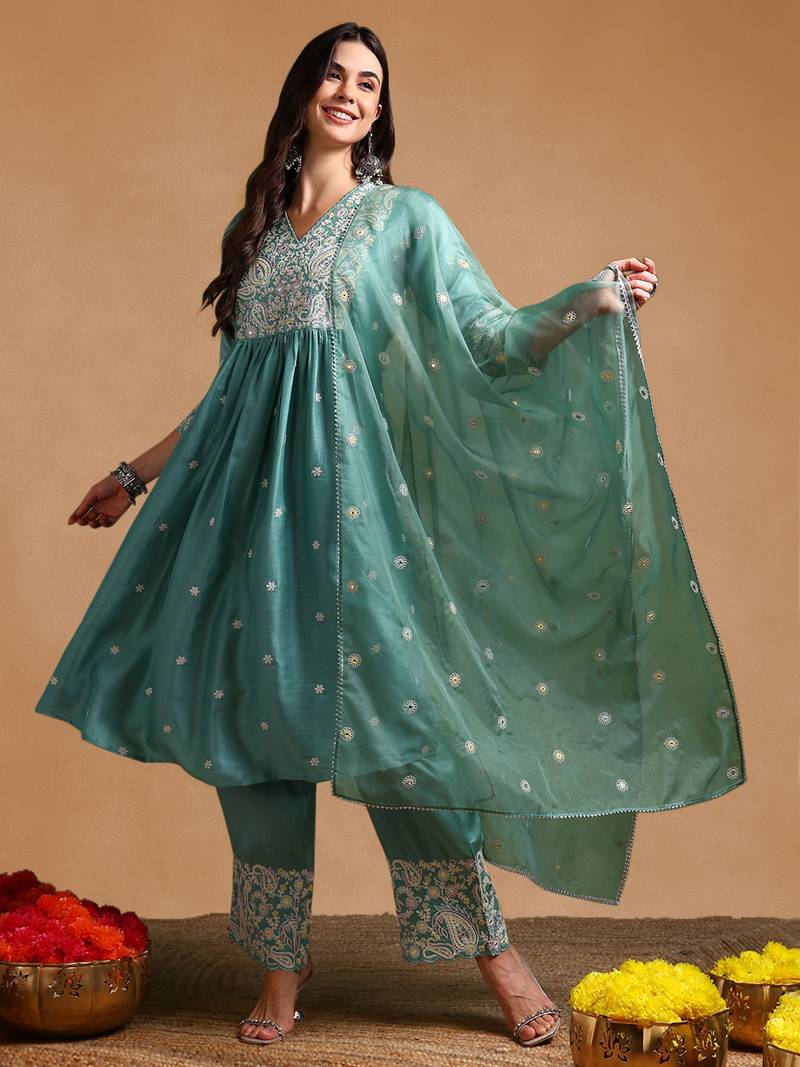 women sea green silk blend solid embroidered anarkali kurta palazzo with dupatta