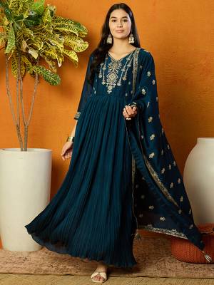 women teal silk blend solid embroidered anarkali kurta trouser with dupatta 2