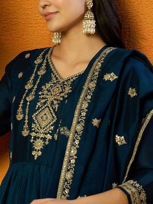 women teal silk blend solid embroidered anarkali kurta trouser with dupatta 3