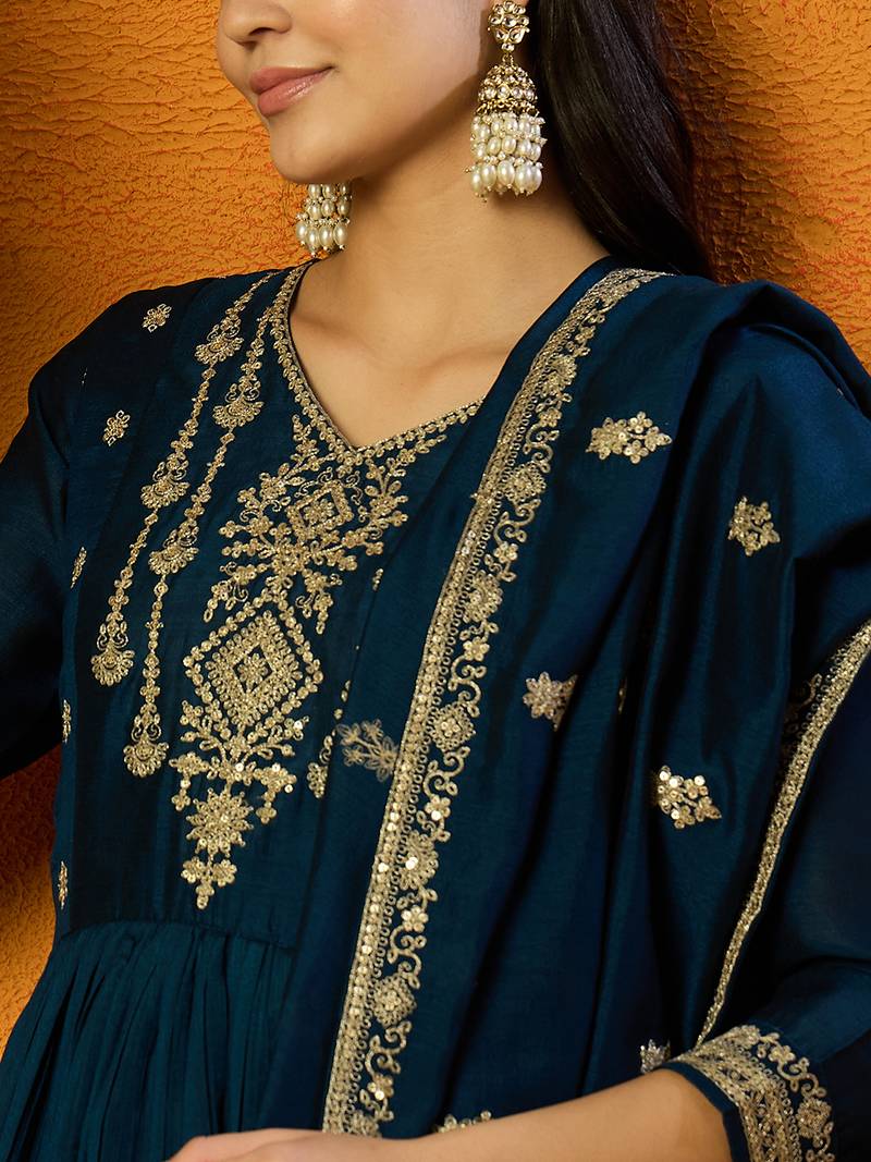 women teal silk blend solid embroidered anarkali kurta trouser with dupatta