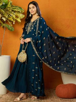 women teal silk blend solid embroidered anarkali kurta trouser with dupatta 1