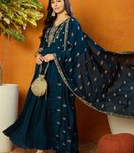 women teal silk blend solid embroidered anarkali kurta trouser with dupatta