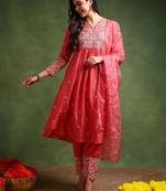 pink silk blend solid embroidered anarkali kurta palazzo with dupatta