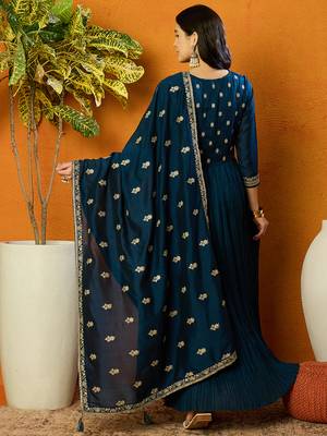 women teal silk blend solid embroidered anarkali kurta trouser with dupatta 4