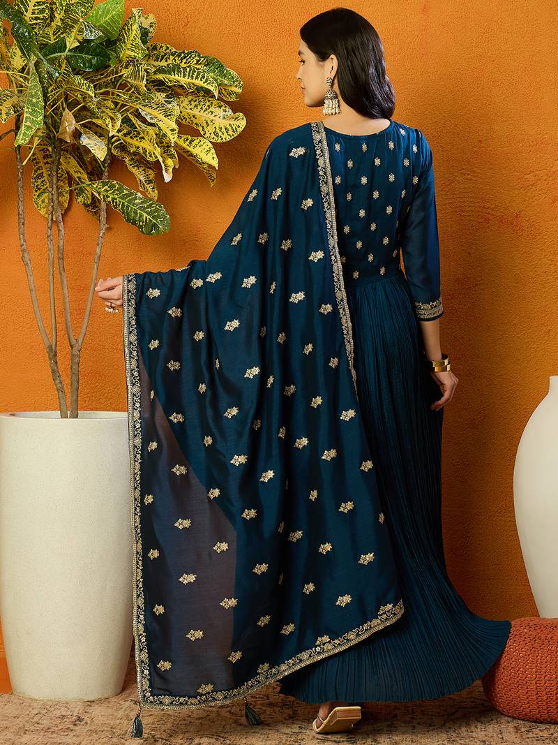 women teal silk blend solid embroidered anarkali kurta trouser with dupatta