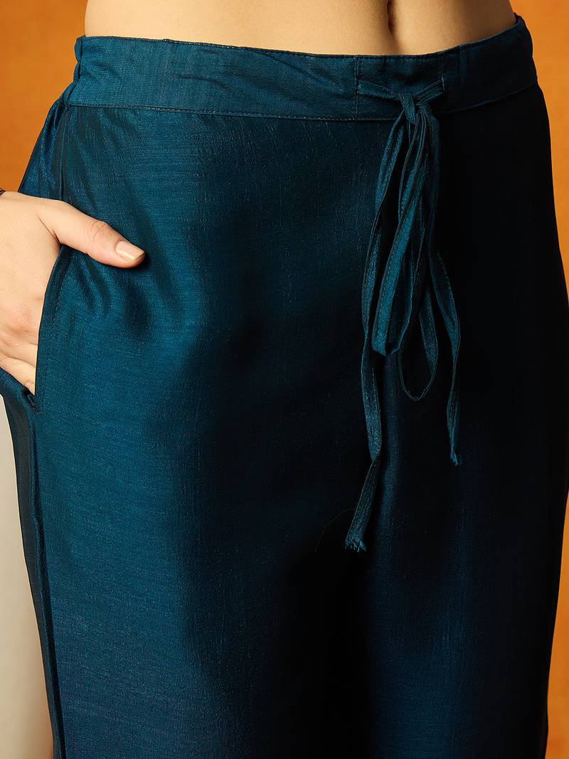 women teal silk blend solid embroidered anarkali kurta trouser with dupatta